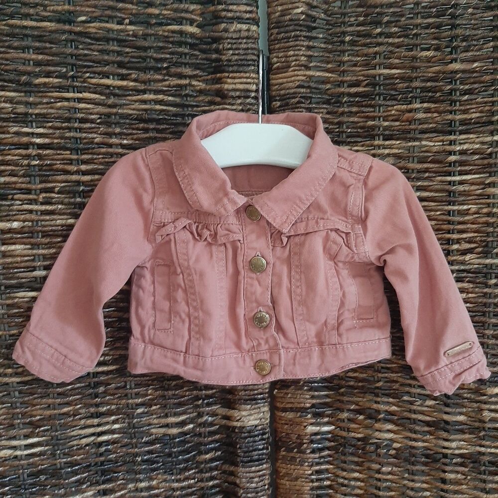 Tahari Ruffle 100% Cotton Jean Jacket Baby Girl's 12 months Mauve Pink Fall Boho